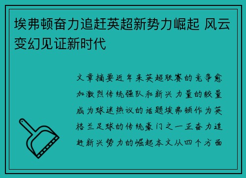 埃弗顿奋力追赶英超新势力崛起 风云变幻见证新时代