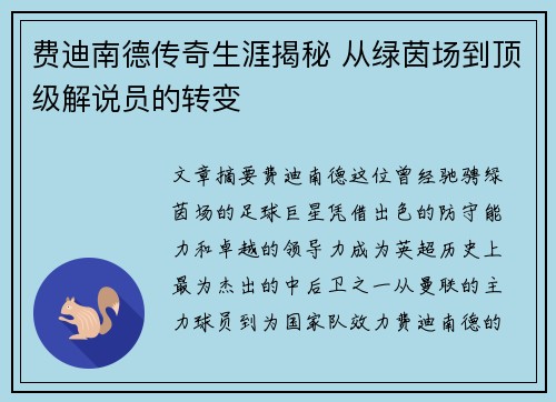 费迪南德传奇生涯揭秘 从绿茵场到顶级解说员的转变